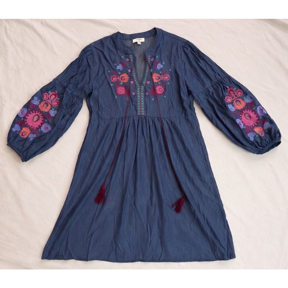 Umgee Blue Embroidered Boho Dress Floral Peasant Tassel Sleeve Size M - Picture 2 of 10